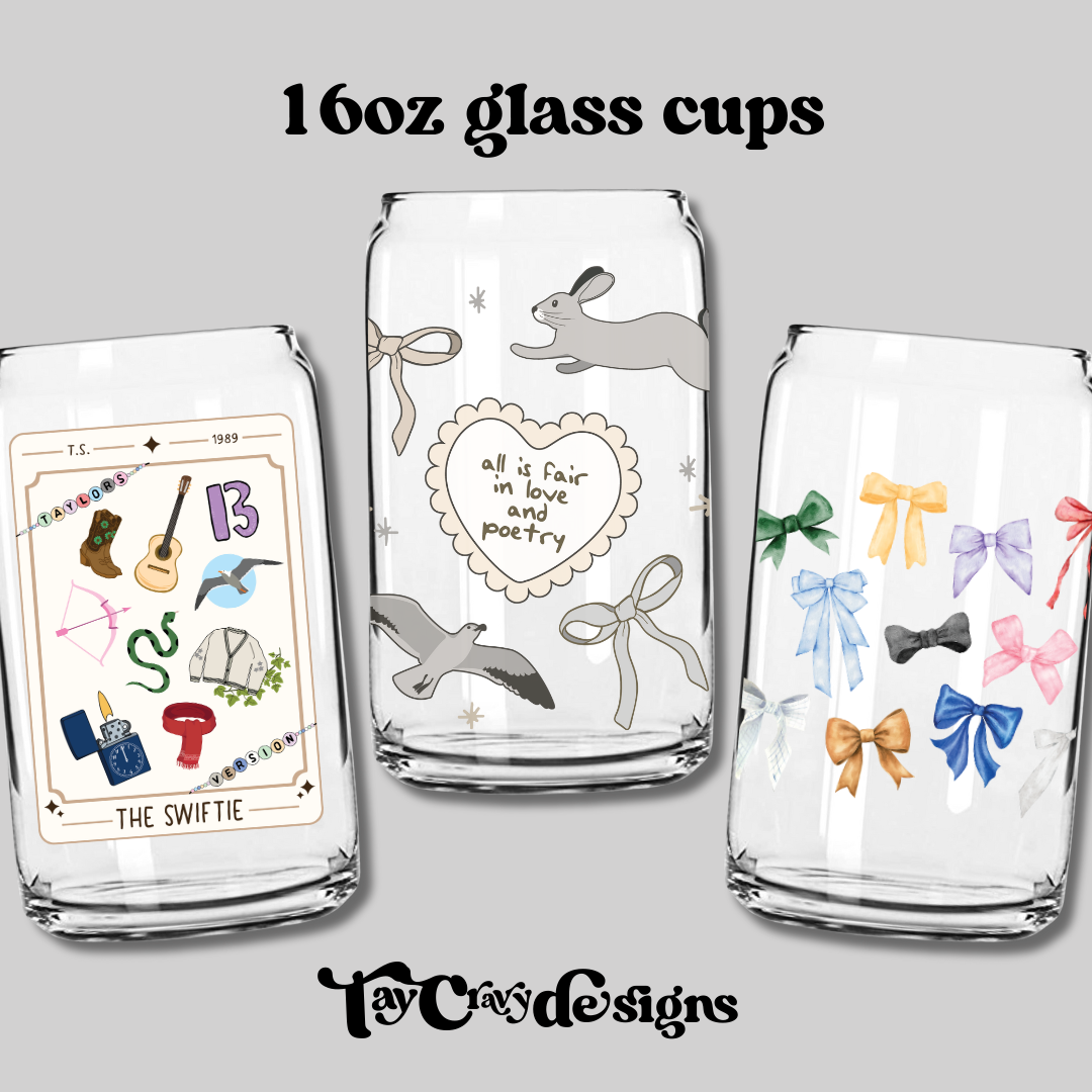 TS Era Bows 16oz Glass Can with Bamboo Lid & Glass Straw- Sold Out