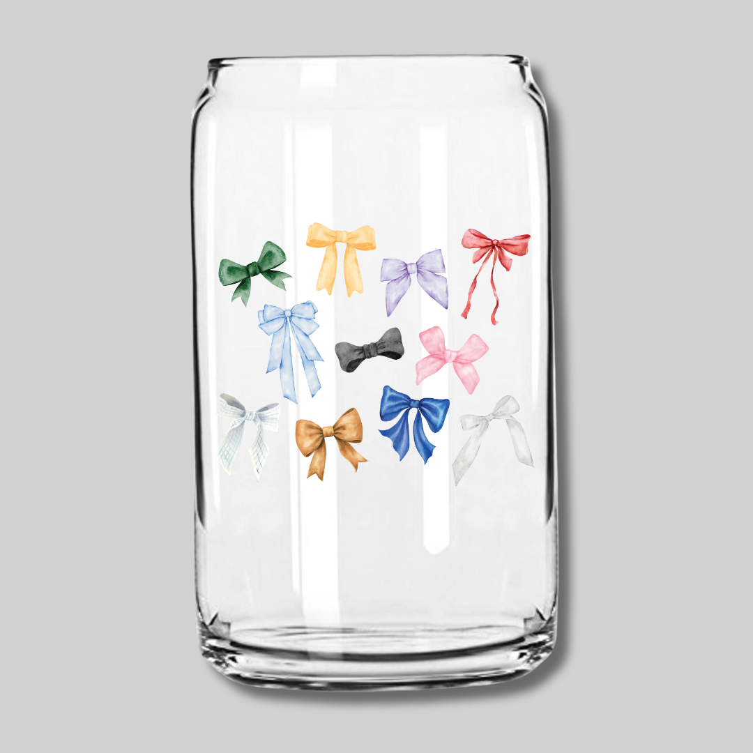 TS Era Bows 16oz Glass Can with Bamboo Lid & Glass Straw- Sold Out