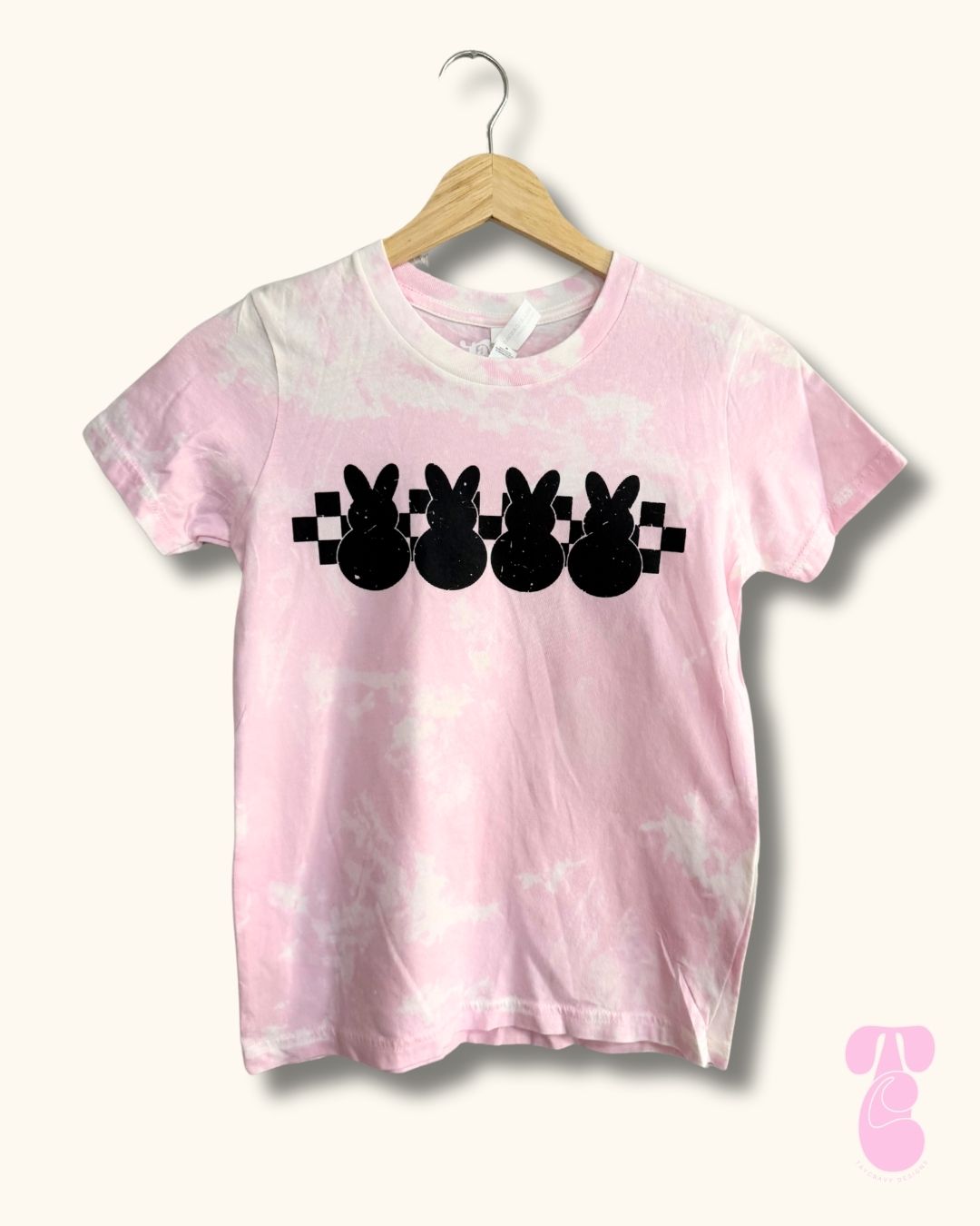 Kids Pink Checkered Bunnies Bleach Dye Tee