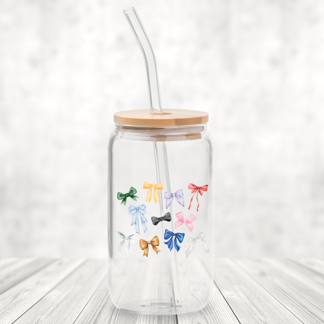 TS Era Bows 16oz Glass Can with Bamboo Lid & Glass Straw- Sold Out