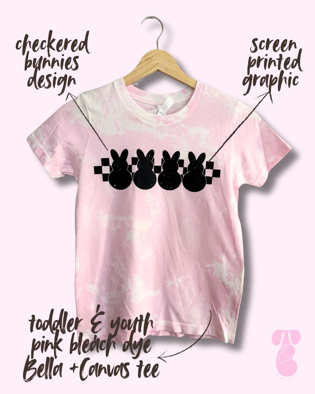 Kids Pink Checkered Bunnies Bleach Dye Tee
