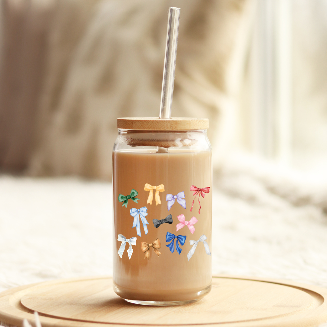 TS Era Bows 16oz Glass Can with Bamboo Lid & Glass Straw- Sold Out