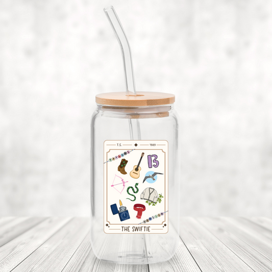 The Swiftie Tarot Card 16oz Glass Can with Bamboo Lid &  Glass Straw