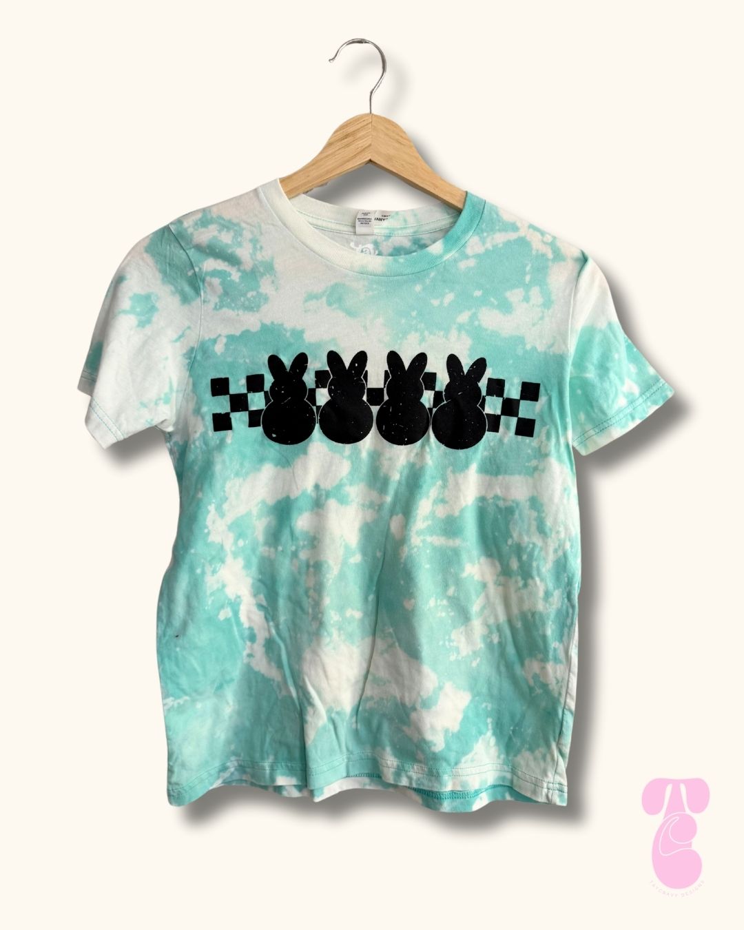 Kids Teal Checkered Bunnies Bleach Dye Tee
