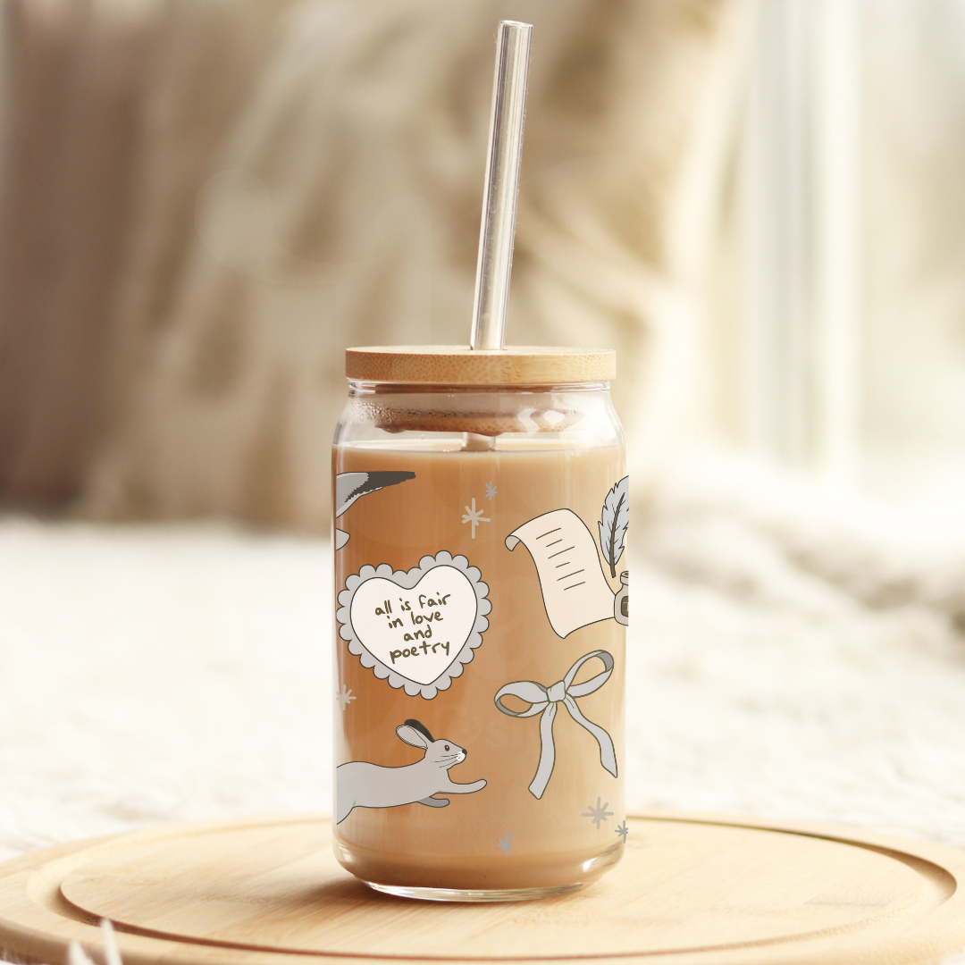 All is Fair in Love and Poerty TTPD 16oz Glass Can with Bamboo Lid & Glass Straw