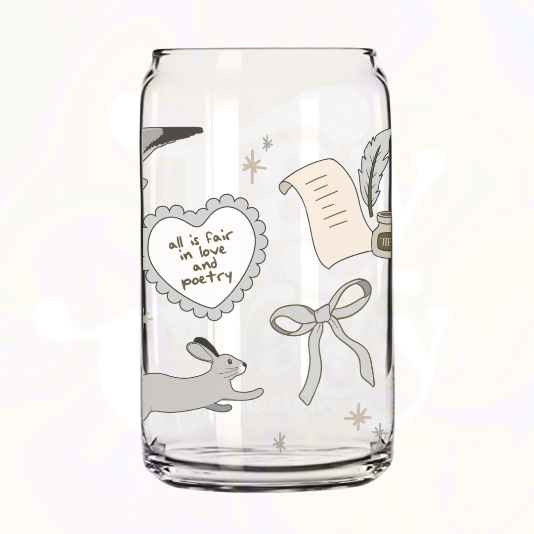 All is Fair in Love and Poerty TTPD 16oz Glass Can with Bamboo Lid & Glass Straw