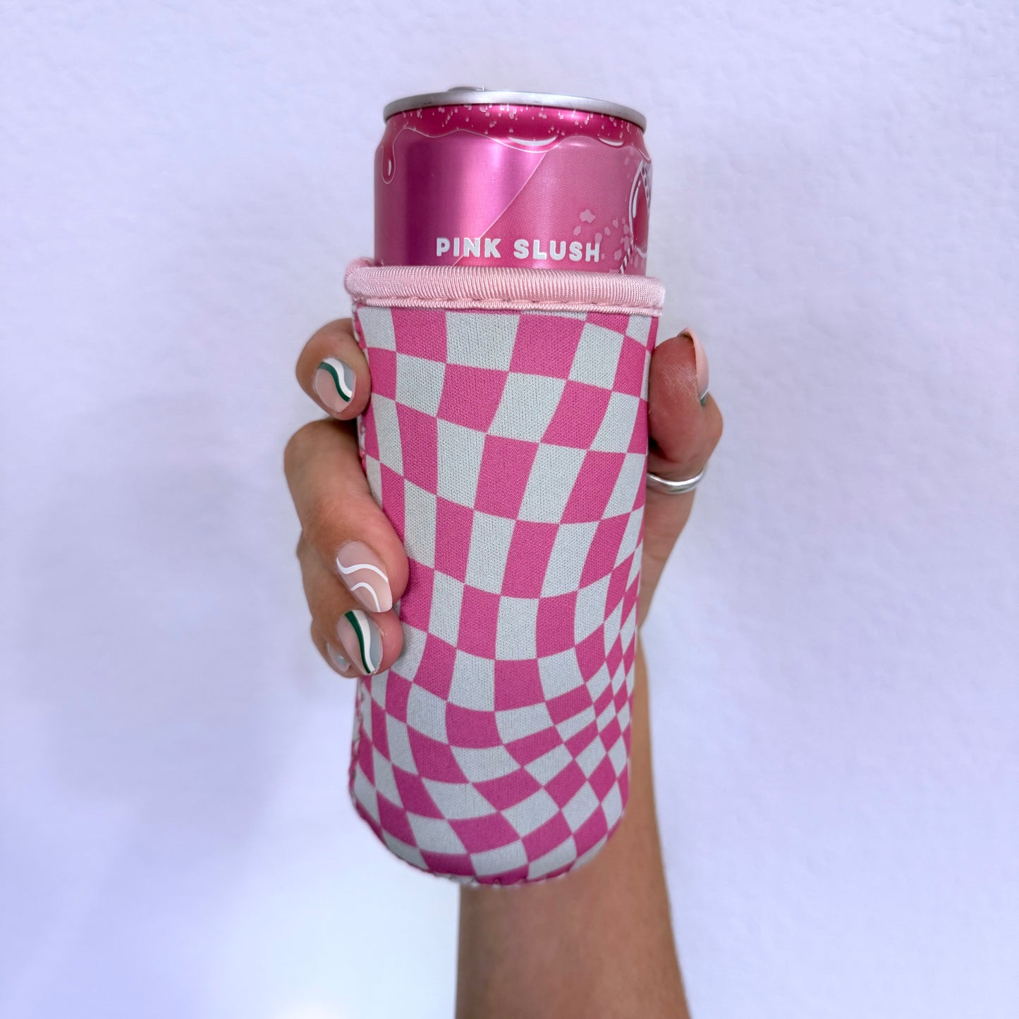 Pink Checkered Slim Can Drink Sleeves