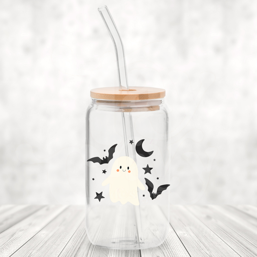 Battie Ghost 16oz Glass Can with Bamboo Lid & Glass Straw