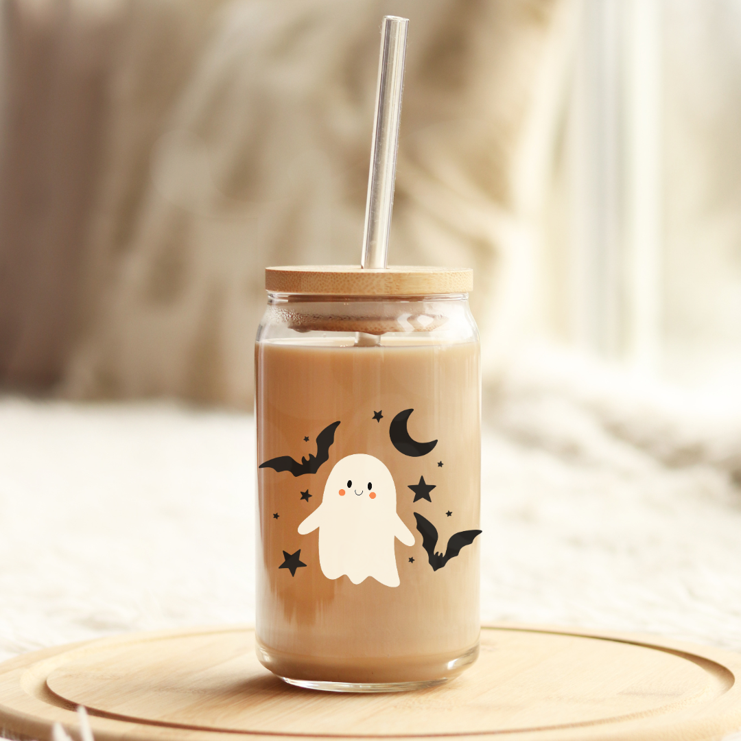 Battie Ghost 16oz Glass Can with Bamboo Lid & Glass Straw