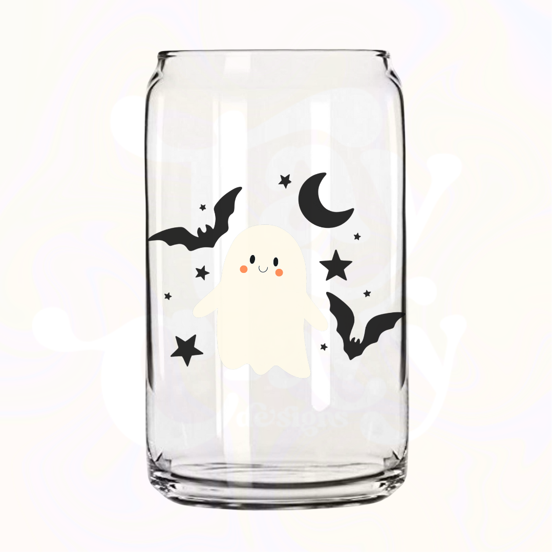 Battie Ghost 16oz Glass Can with Bamboo Lid & Glass Straw