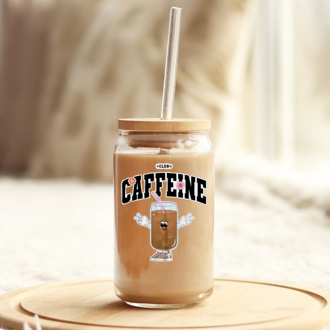 Club Caffeine 16oz Glass Can with Bamboo Lid & Glass Straw