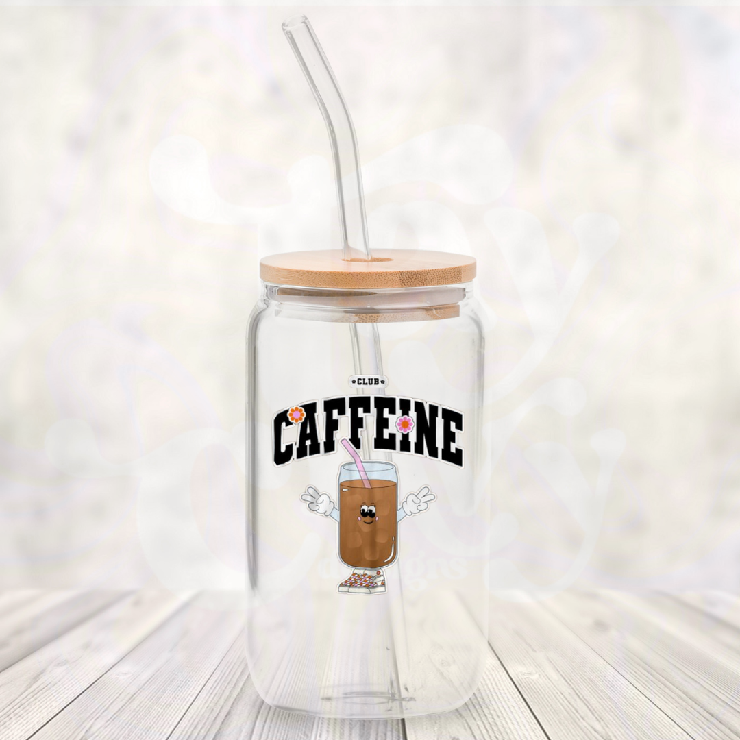 Club Caffeine 16oz Glass Can with Bamboo Lid & Glass Straw