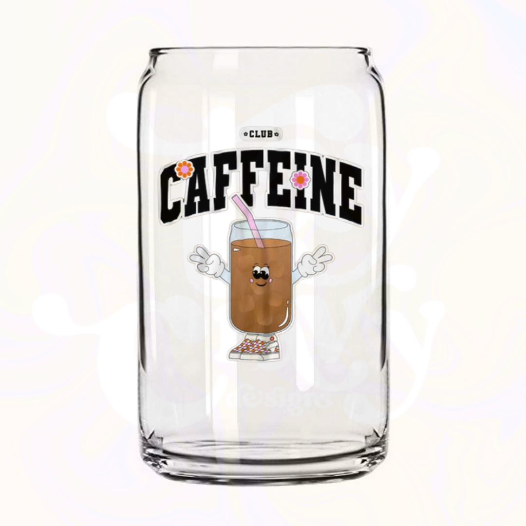 Club Caffeine 16oz Glass Can with Bamboo Lid & Glass Straw