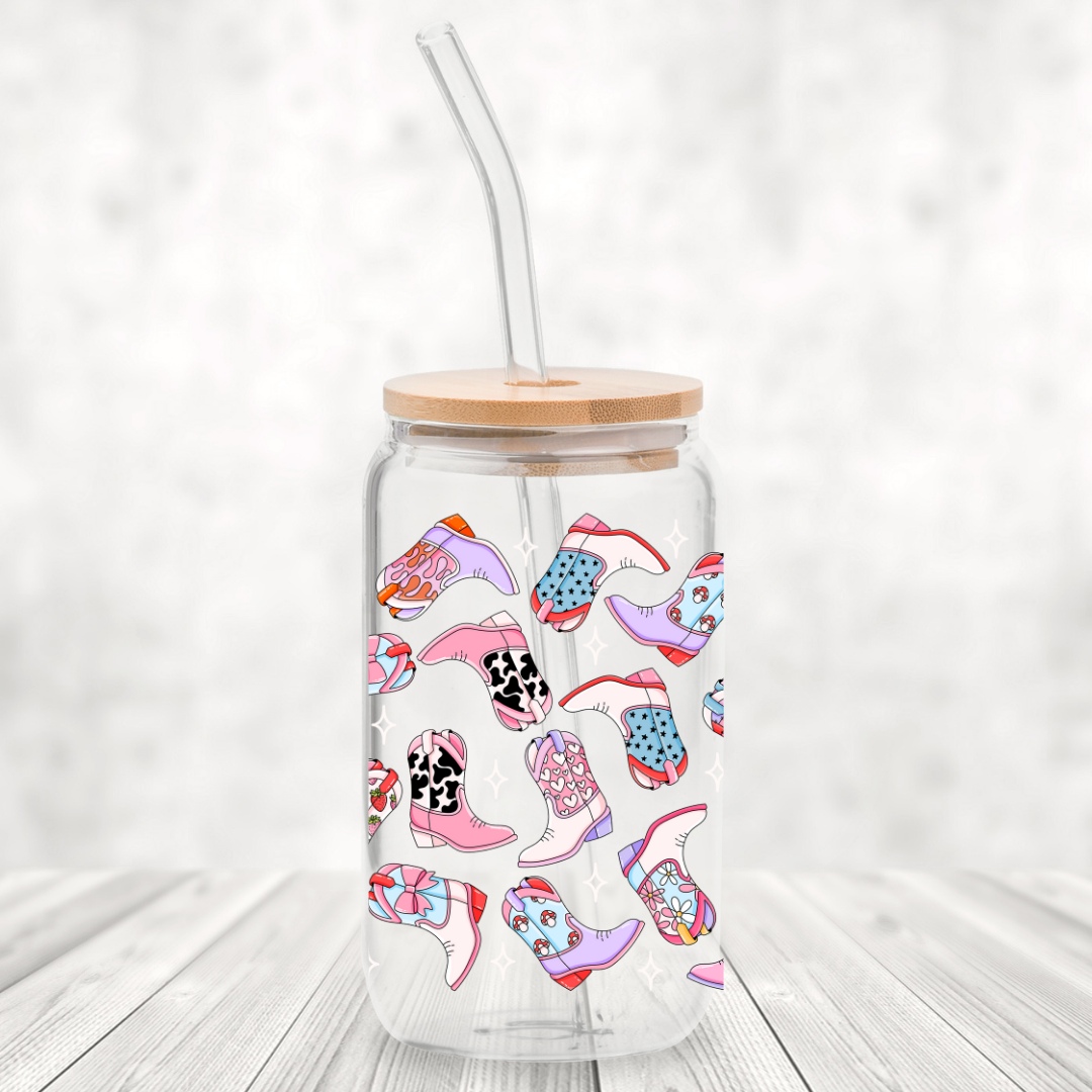 Cowgirl Boots 16oz Glass Can with Bamboo Lid & Glass Straw
