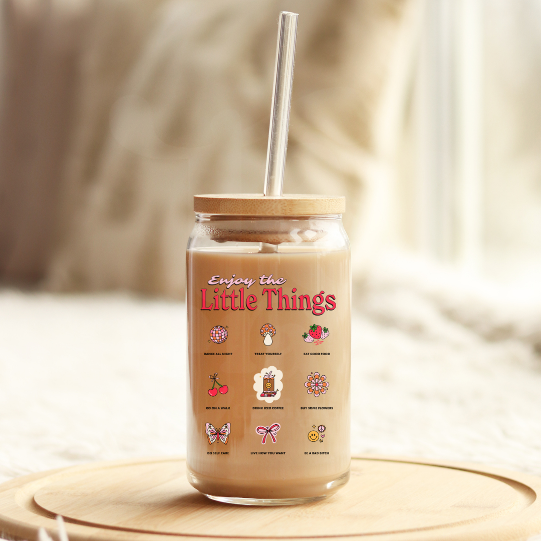 Enjoy The Little Things 16oz Glass Can with Bamboo Lid & Glass Straw