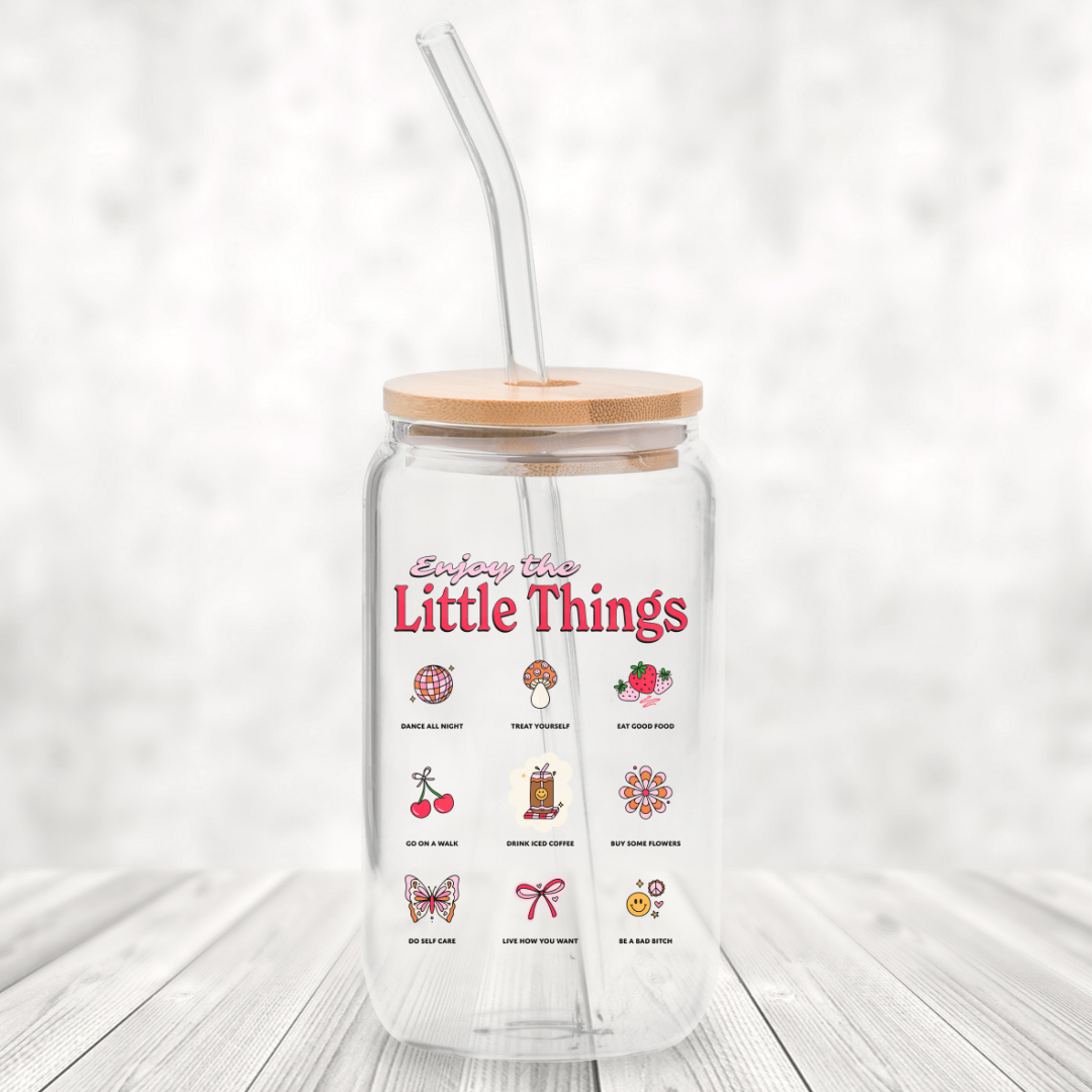 Enjoy The Little Things 16oz Glass Can with Bamboo Lid & Glass Straw