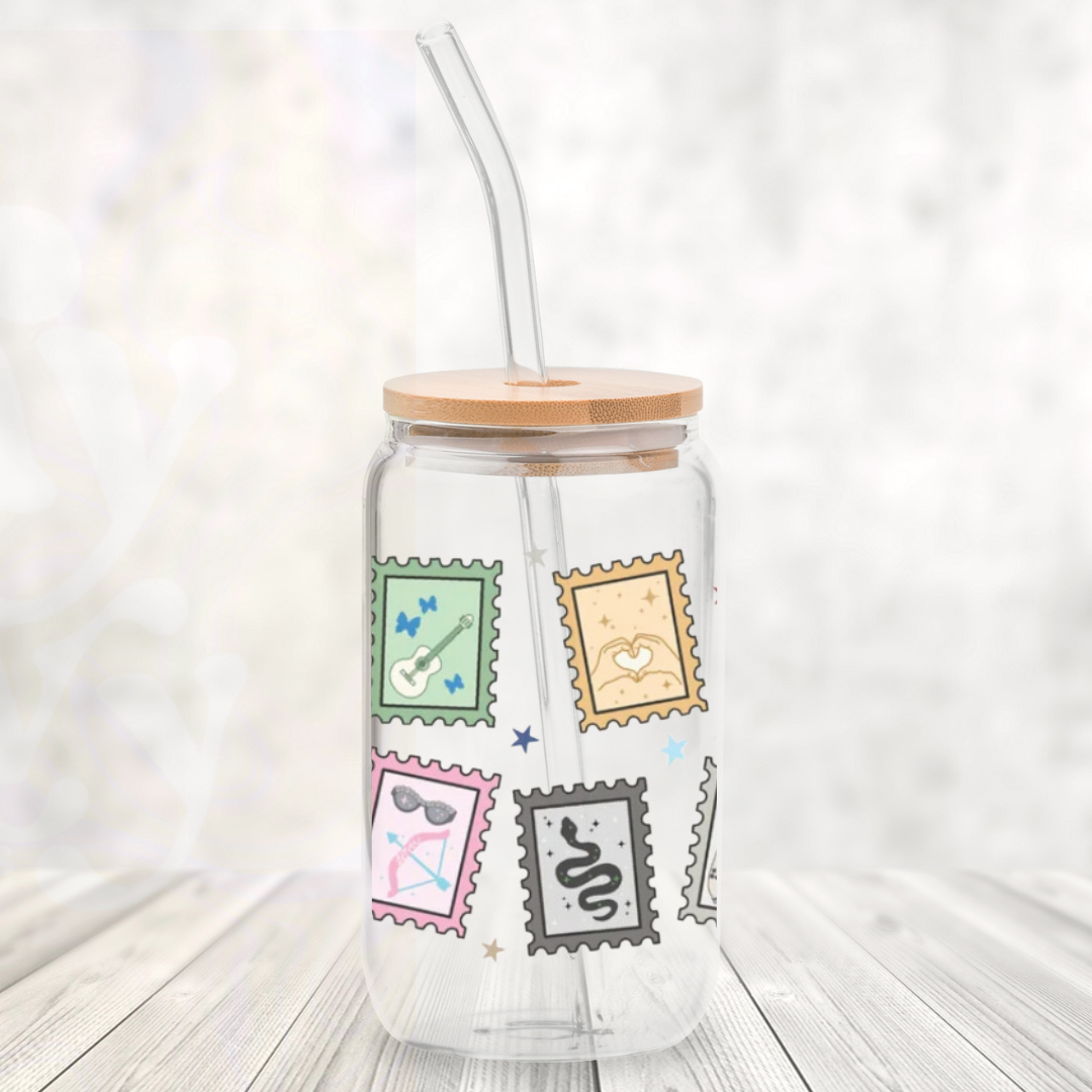 Eras Stamps 16oz Glass Can with Bamboo Lid & Glass Straw