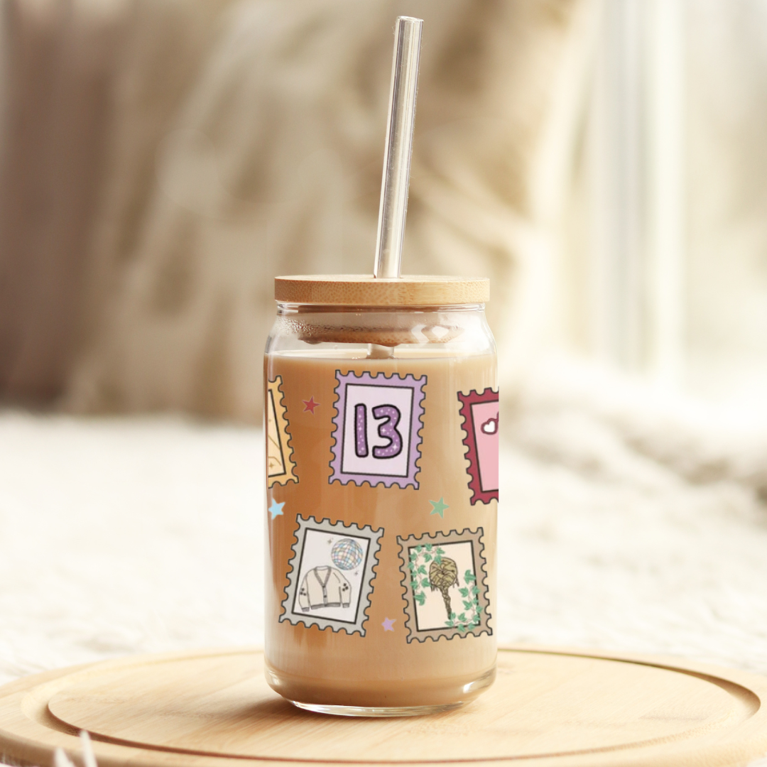 Eras Stamps 16oz Glass Can with Bamboo Lid & Glass Straw