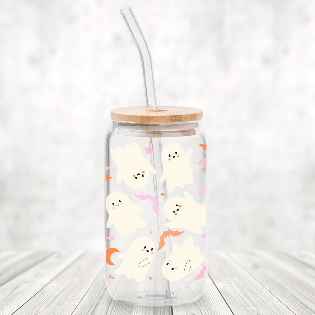 Cute Ghosty Wrap 16oz Glass Can with Bamboo Lid & Glass Straw