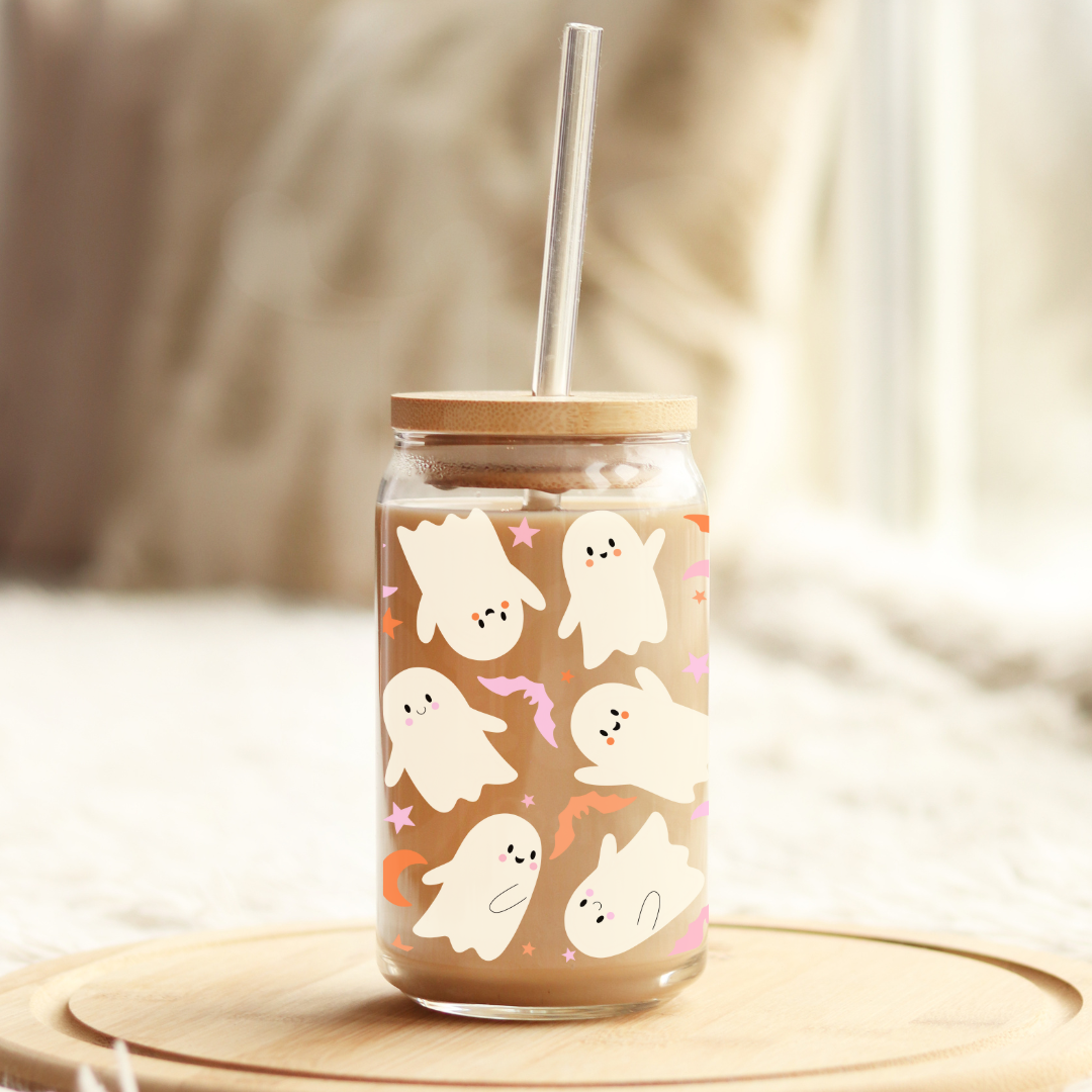 Cute Ghosty Wrap 16oz Glass Can with Bamboo Lid & Glass Straw