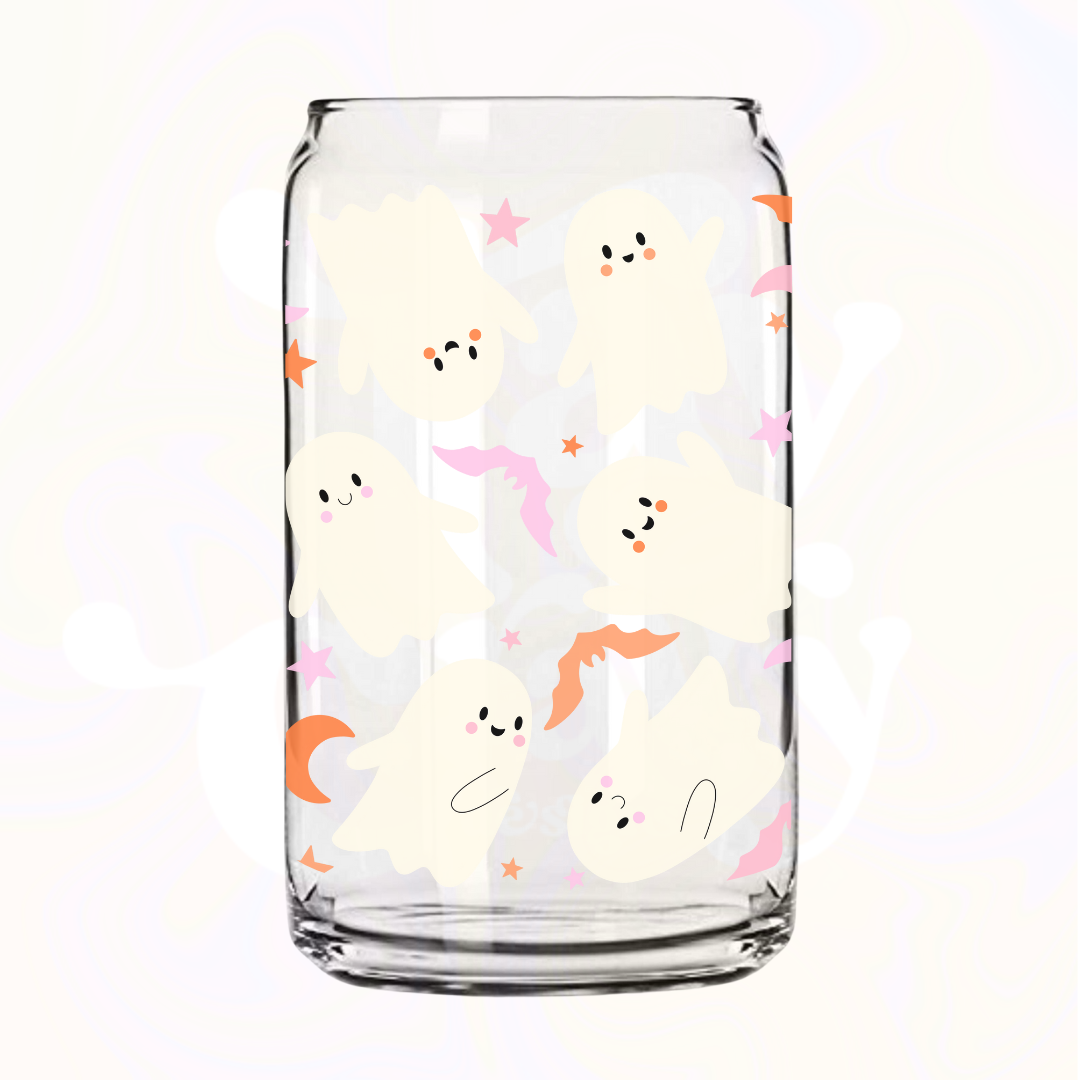 Cute Ghosty Wrap 16oz Glass Can with Bamboo Lid & Glass Straw