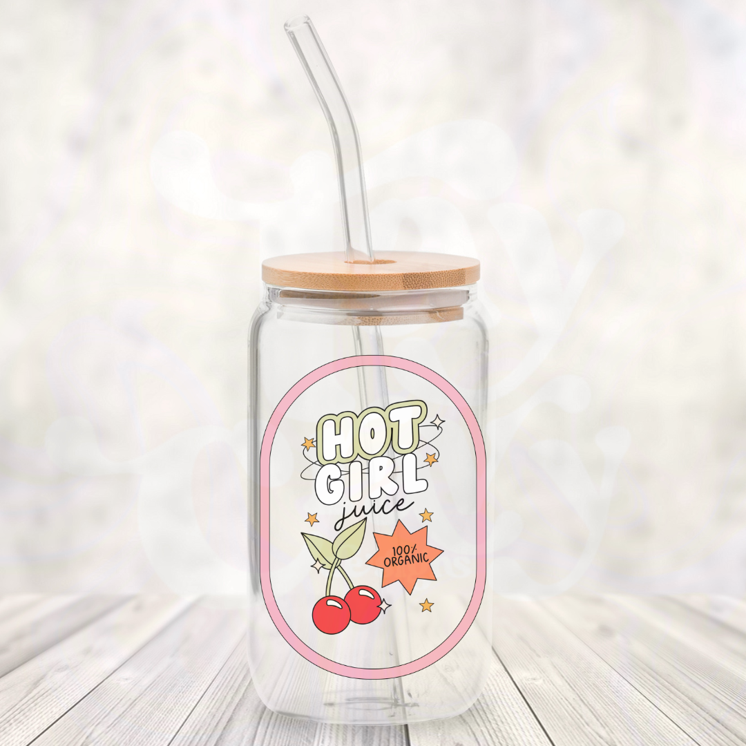 Hot Girl Juice 16oz Glass Can with Bamboo Lid & Glass Straw