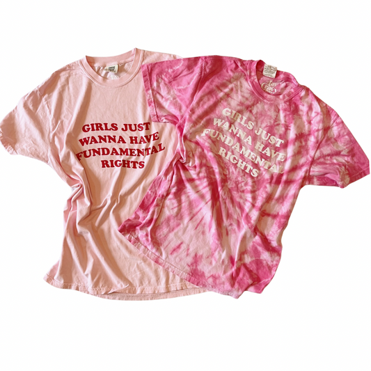 Girls Just Wanna Have Fundamental Rights Solid Pink with Red Letters Tee