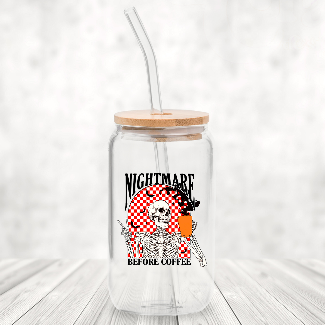 Nightmare Before Coffee 16oz Glass Can with Bamboo Lid & Glass Straw