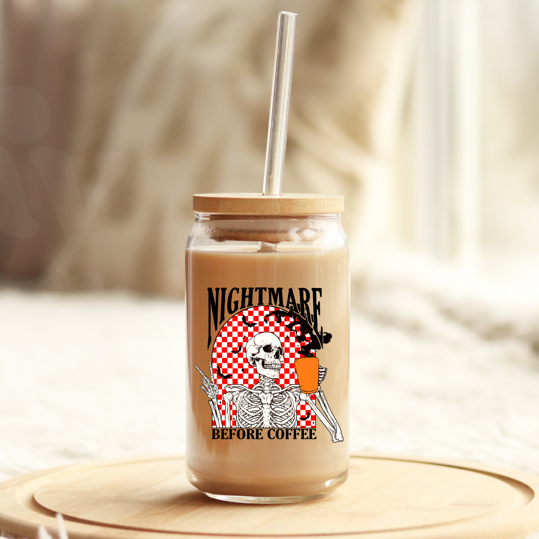 Nightmare Before Coffee 16oz Glass Can with Bamboo Lid & Glass Straw