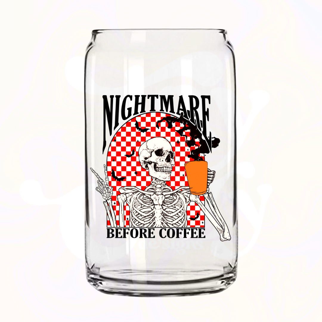 Nightmare Before Coffee 16oz Glass Can with Bamboo Lid & Glass Straw