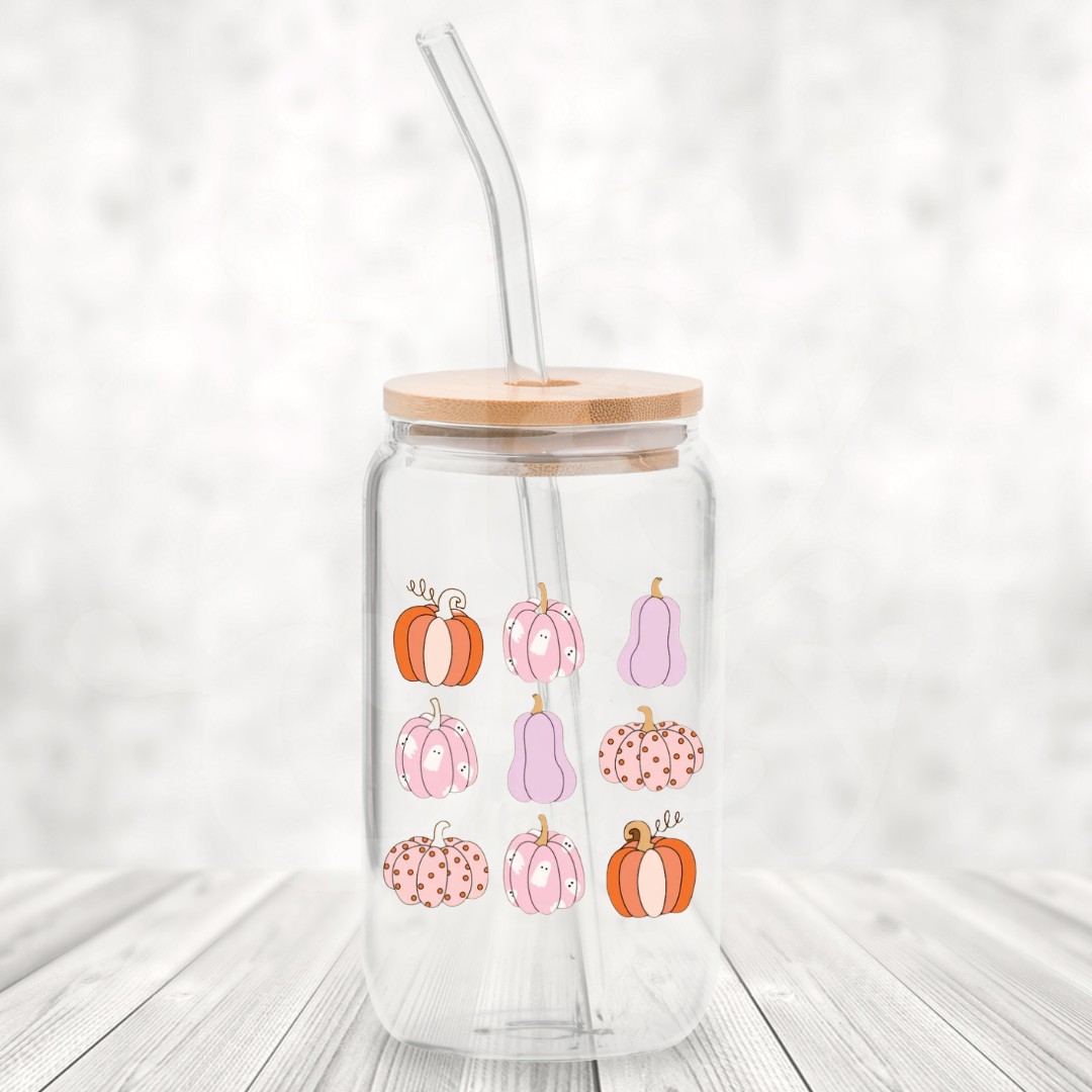 Pastel Pumpkins 16oz Glass Can with Bamboo Lid & Glass Straw