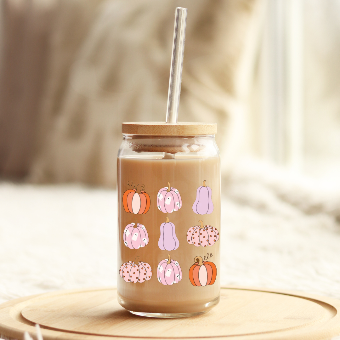 Pastel Pumpkins 16oz Glass Can with Bamboo Lid & Glass Straw