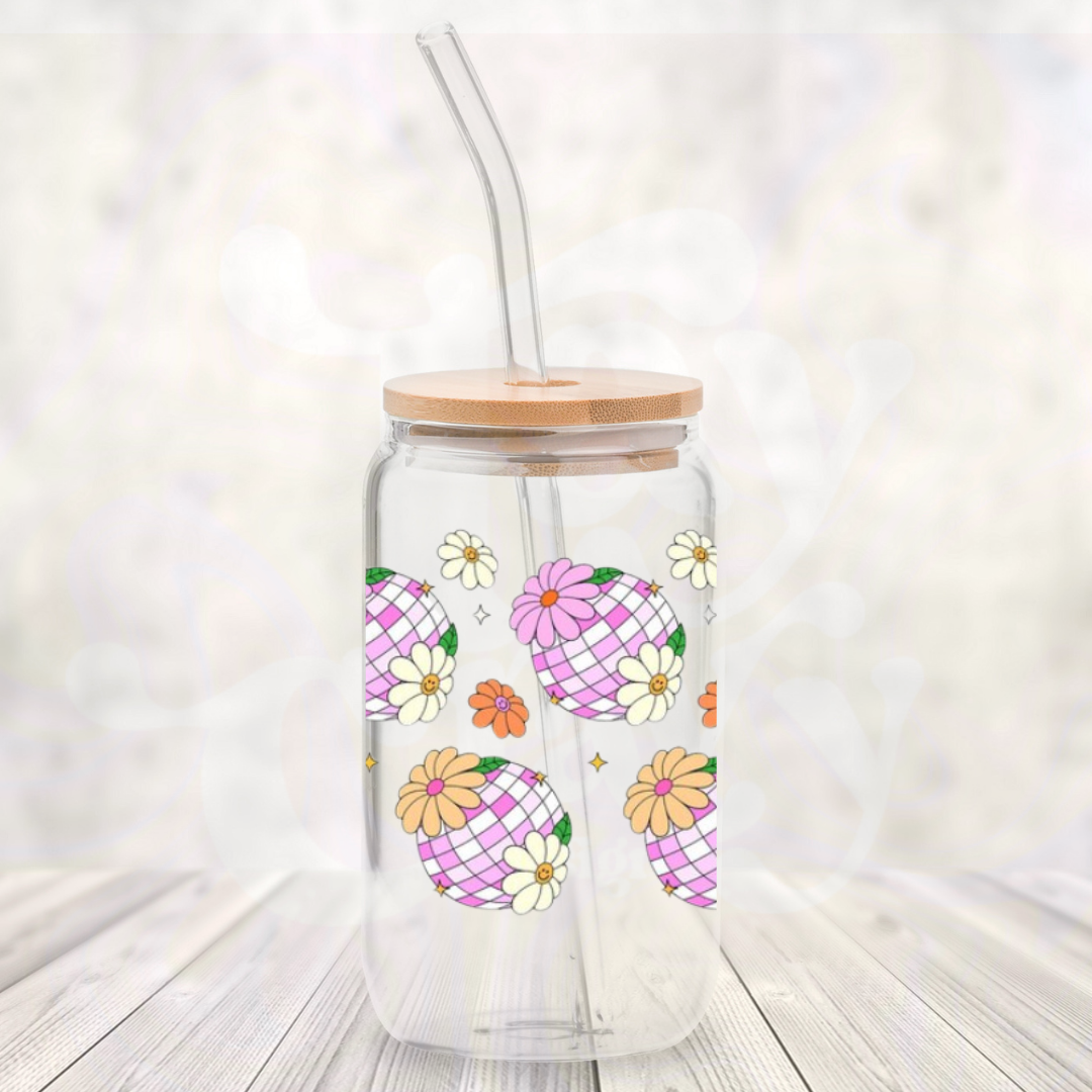Pink Disco Ball 16oz Glass Can with Bamboo Lid & Glass Straw