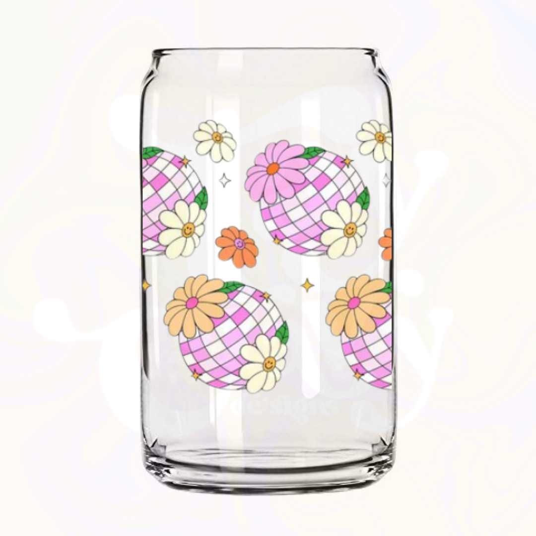 Pink Disco Ball 16oz Glass Can with Bamboo Lid & Glass Straw