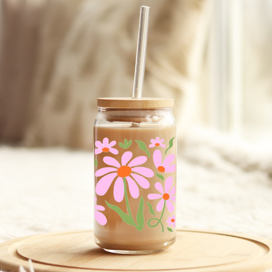 Pink Flowers 16oz Glass Can with Bamboo Lid & Glass Straw