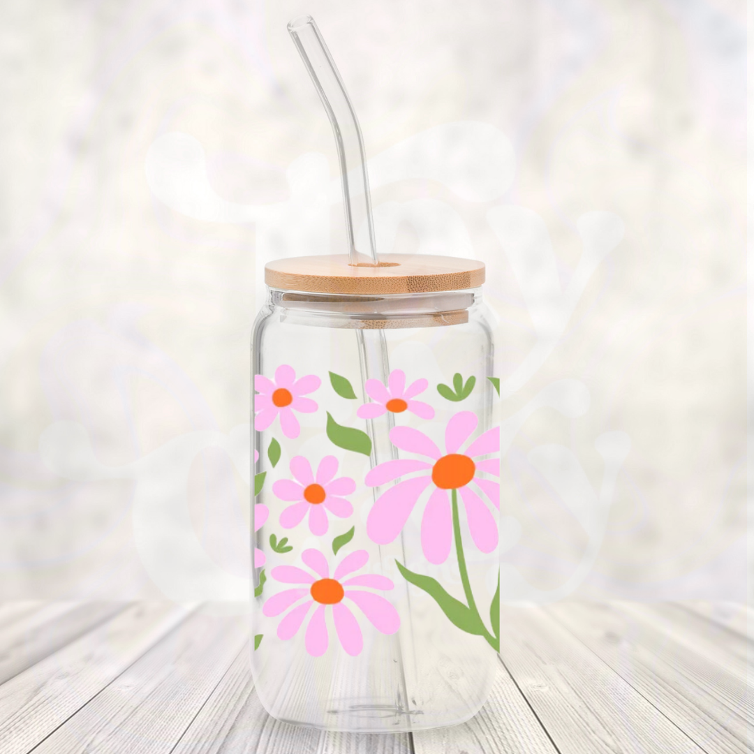 Pink Flowers 16oz Glass Can with Bamboo Lid & Glass Straw