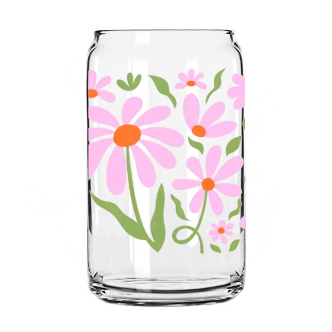 Pink Flowers 16oz Glass Can with Bamboo Lid & Glass Straw