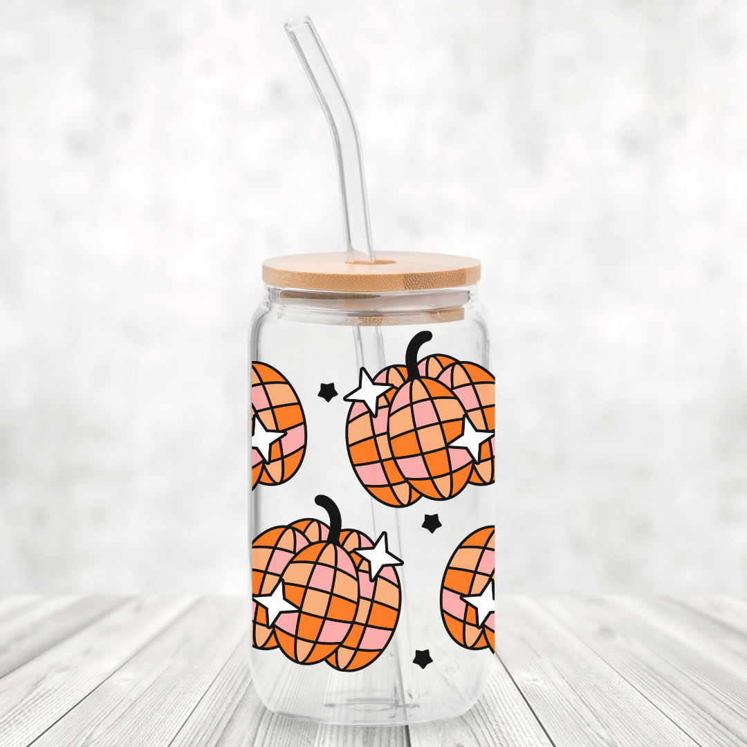 Pumpkin Disco Balls 16oz Glass Can with Bamboo Lid & Glass Straw