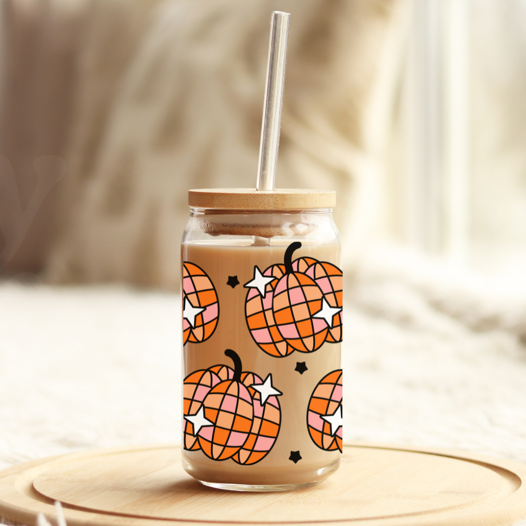 Pumpkin Disco Balls 16oz Glass Can with Bamboo Lid & Glass Straw