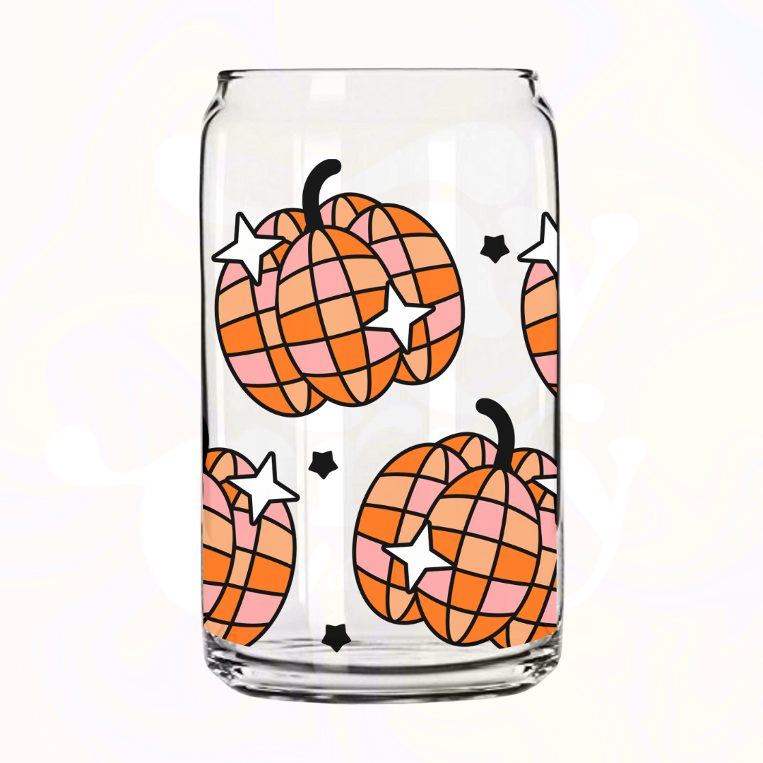 Pumpkin Disco Balls 16oz Glass Can with Bamboo Lid & Glass Straw