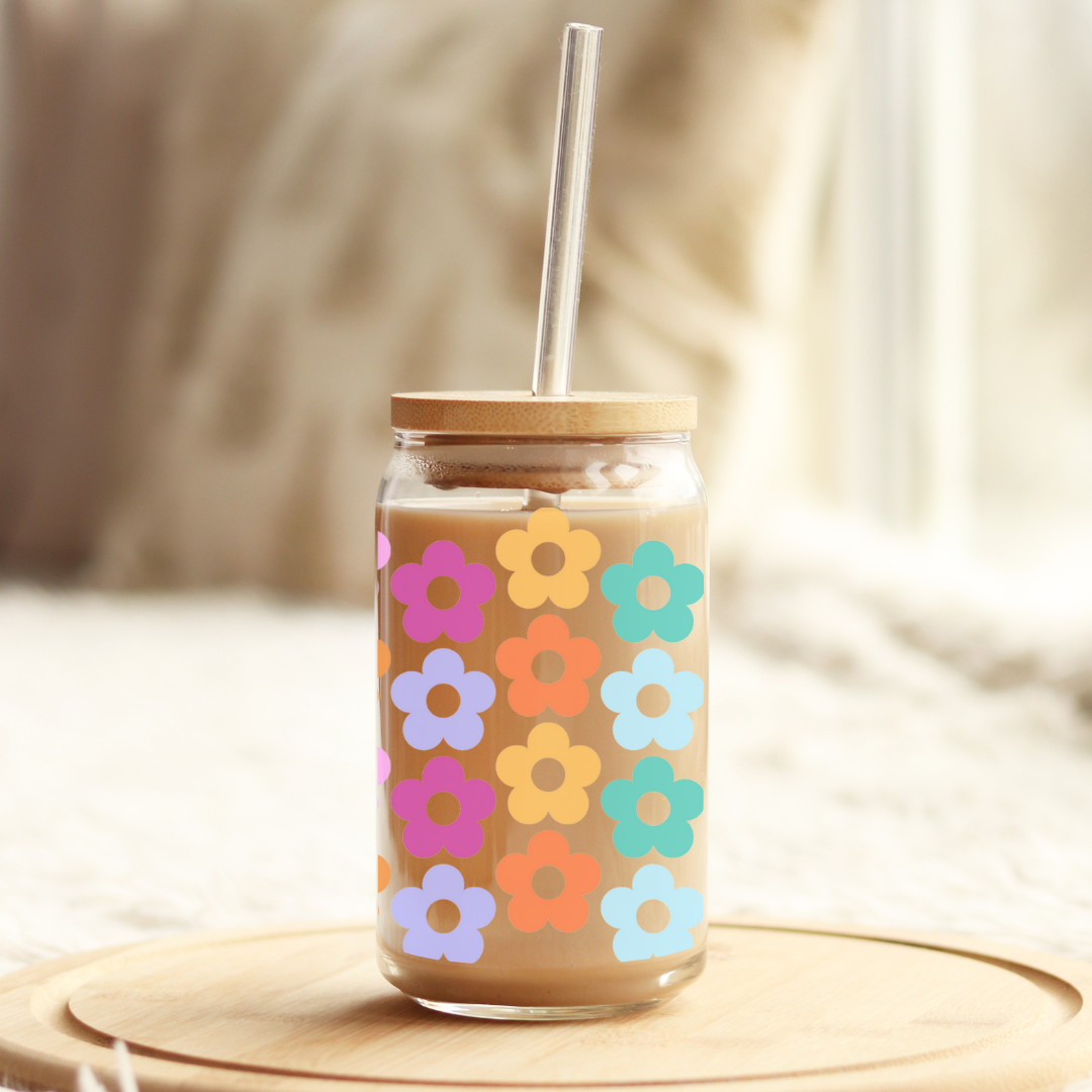 Retro Rainbow Flowers 16oz Glass Can with Bamboo Lid & Glass Straw