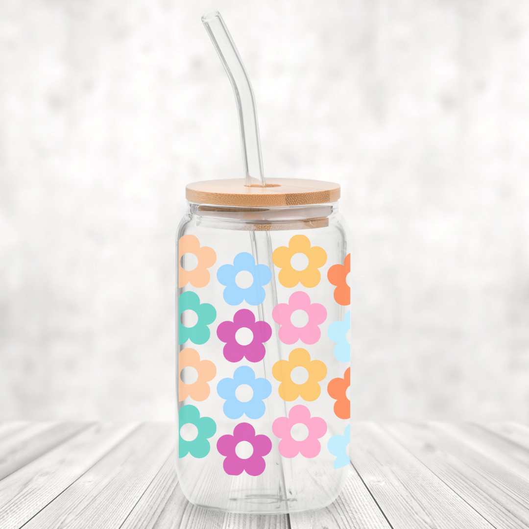 Retro Rainbow Flowers 16oz Glass Can with Bamboo Lid & Glass Straw