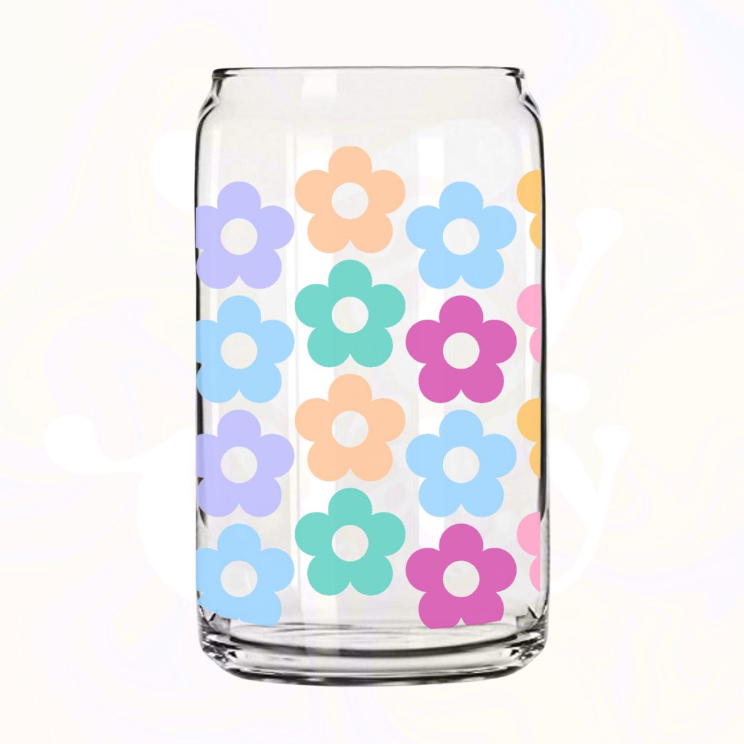 Retro Rainbow Flowers 16oz Glass Can with Bamboo Lid & Glass Straw