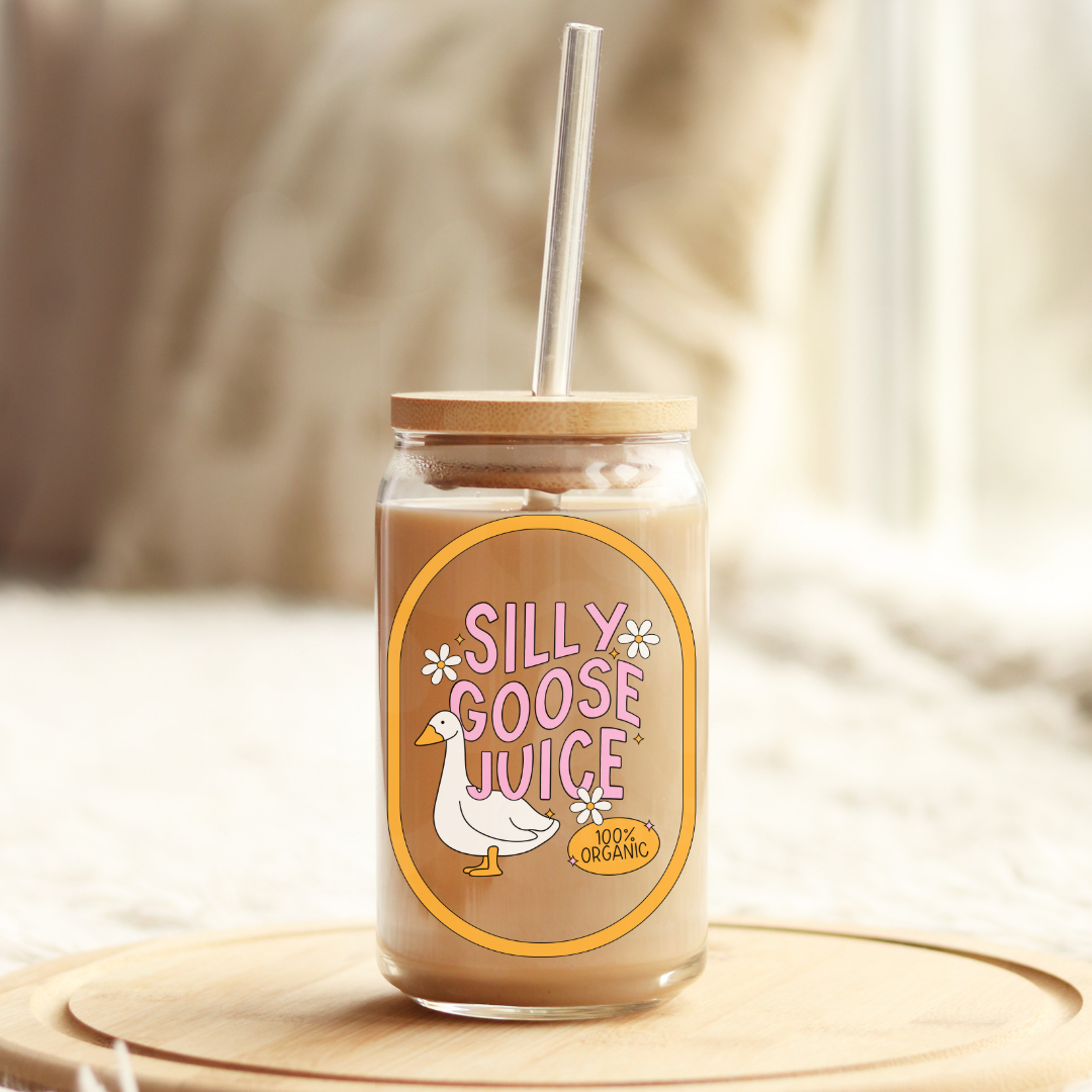 Silly Goose Juice 16oz Glass Can with Bamboo Lid & Glass Straw