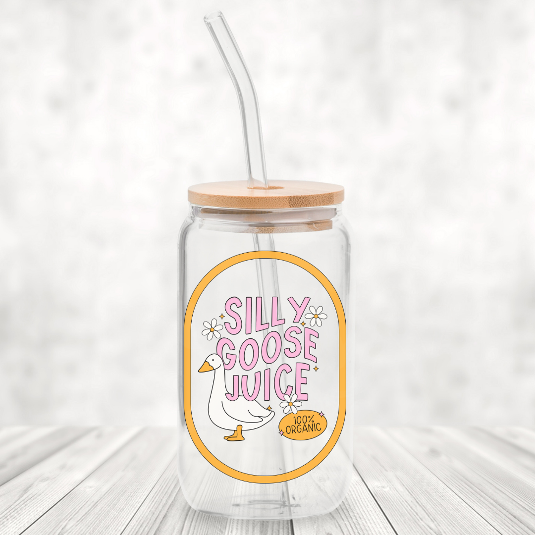 Silly Goose Juice 16oz Glass Can with Bamboo Lid & Glass Straw