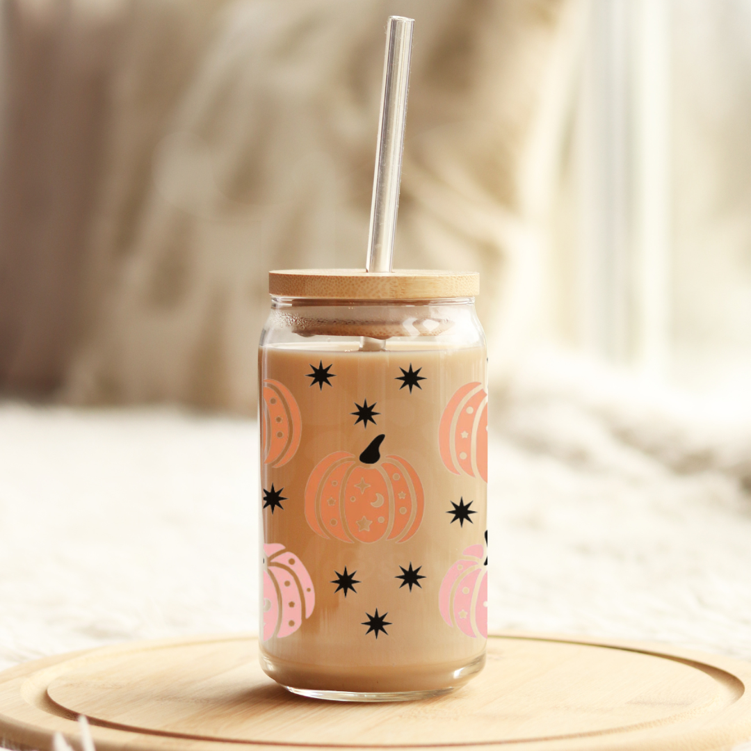 Sparkle Pumpkins 16oz Glass Can with Bamboo Lid & Glass Straw