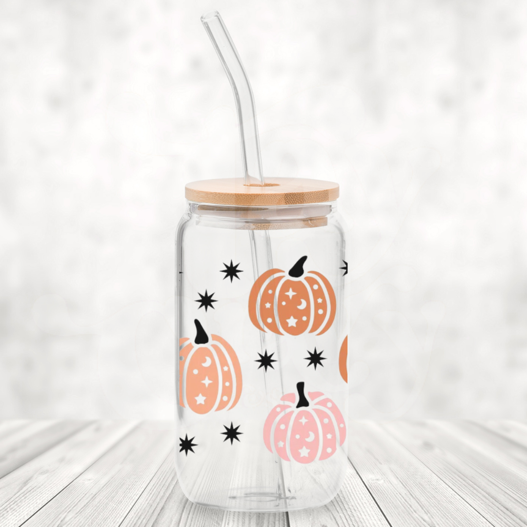 Sparkle Pumpkins 16oz Glass Can with Bamboo Lid & Glass Straw