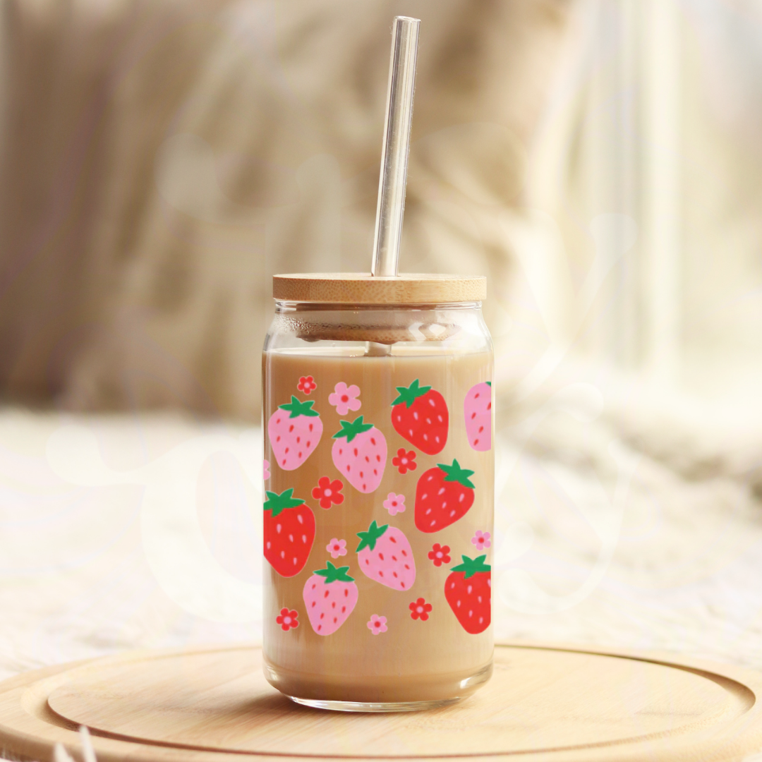 Strawberry 16oz Glass Can with Bamboo Lid & Glass Straw