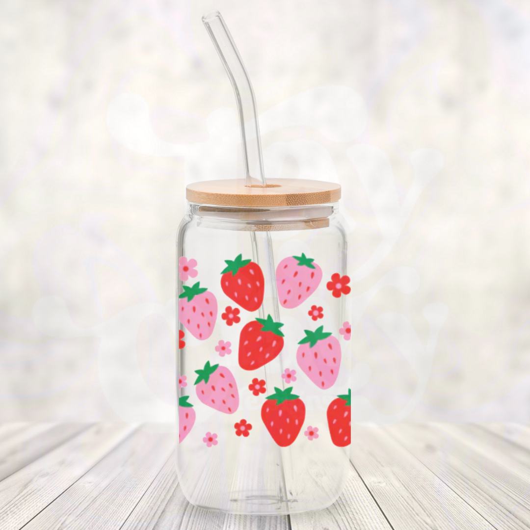 Strawberry 16oz Glass Can with Bamboo Lid & Glass Straw