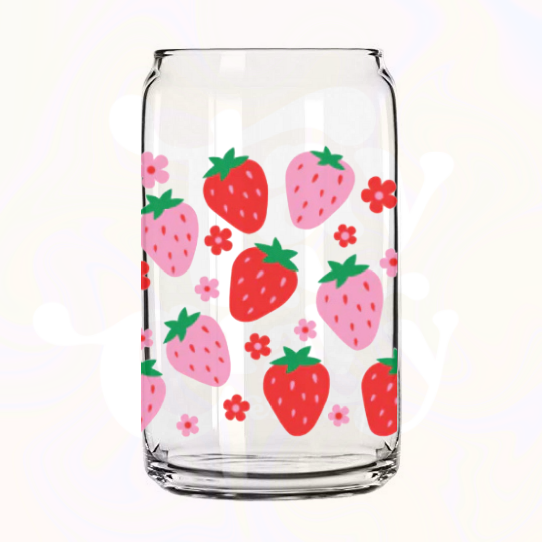 Strawberry 16oz Glass Can with Bamboo Lid & Glass Straw